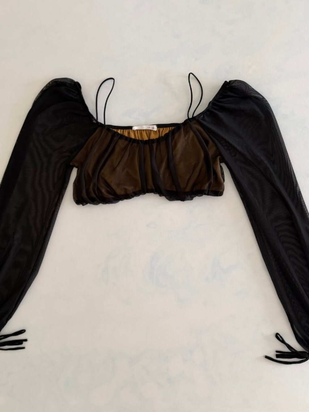 12th Tribe Black Off the Shoulder Mesh Long Sleeve Cropped Top